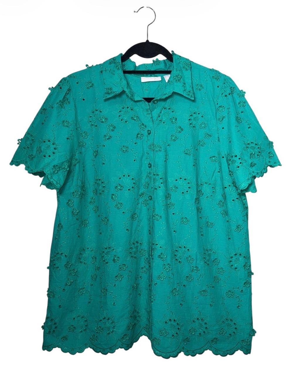 Susan Graver Pure Eyelet Floral Button Down Short Sleeve Shirt Large Scallop Hem